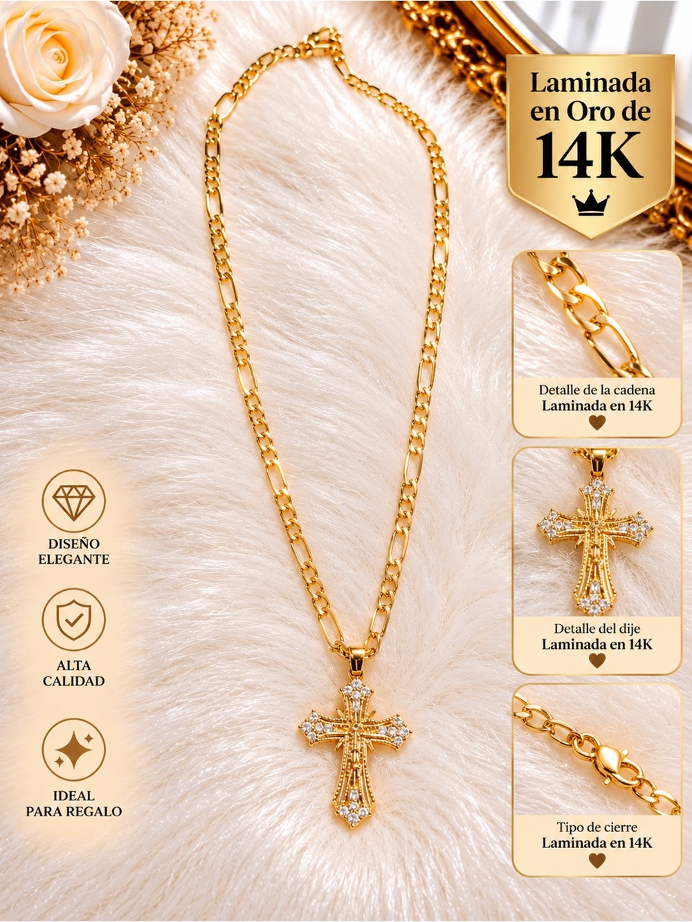 14K Gold-Plated Cross Necklace for Women with Crystal Accents